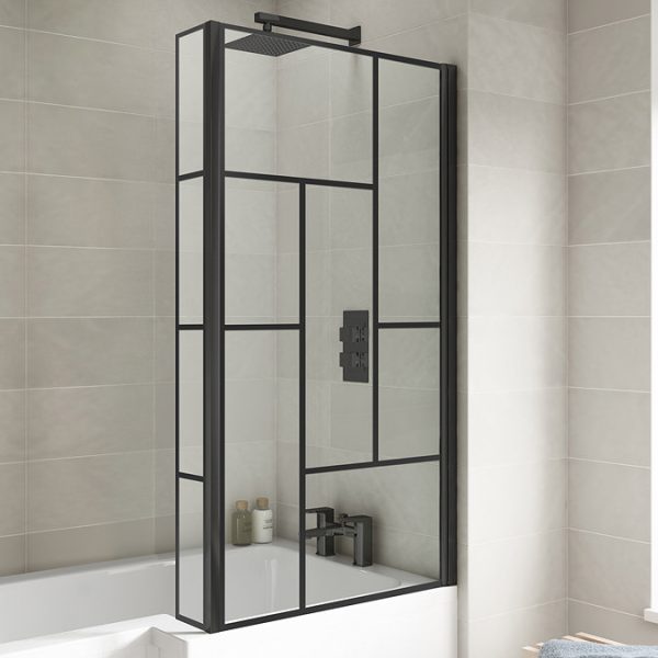 Venice Shower Bath   1700 L Shaped with Matt Black Abstract Grid Screen + Satin Grey Panel - Image 2