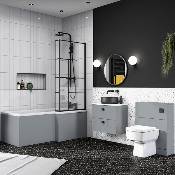Venice Shower Bath   1700 L Shaped with Matt Black Abstract Grid Screen + Satin Grey Panel - Image 3
