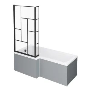 Venice Shower Bath   1700 L Shaped with Matt Black Abstract Grid Screen + Satin Grey Panel
