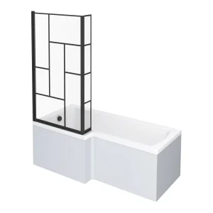Venice Shower Bath   1700 L Shaped with Matt Black Abstract Grid Screen + Satin White Panel