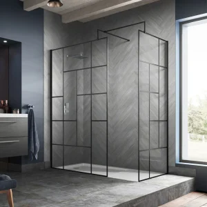 Venice 1400 x 900 Matt Black Abstract Grid Wet Room (incl. Screen, Side Panel + Tray)