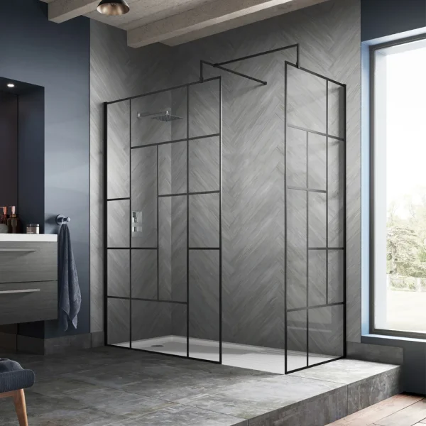Venice 1400 x 900 Matt Black Abstract Grid Wet Room (incl. Screen, Side Panel + Tray)
