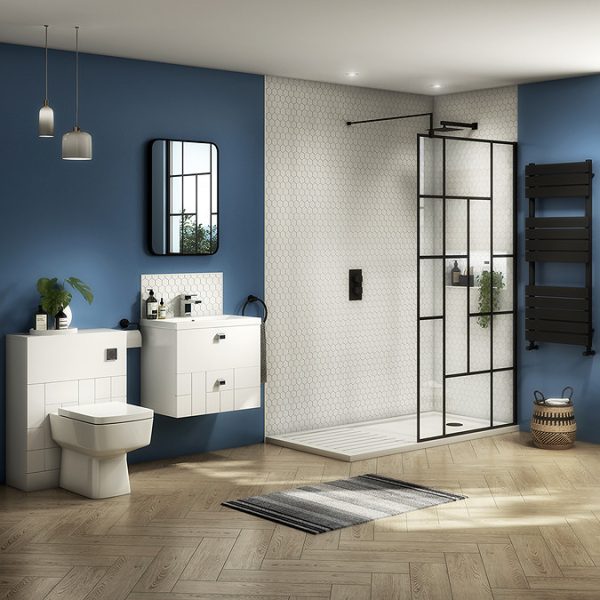 Venice 1400 x 900 Matt Black Abstract Grid Wet Room (800mm Screen + Tray) - Image 2