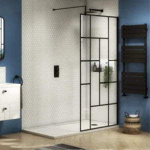 Venice 1400 x 900 Matt Black Abstract Grid Wet Room (800mm Screen + Tray)