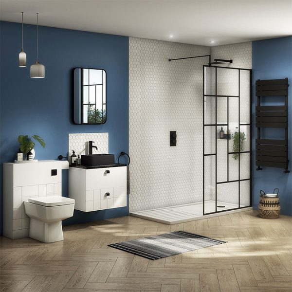 Venice 1700 x 800 Matt Black Abstract Grid Wet Room (1100mm Screen + Tray) - Image 2