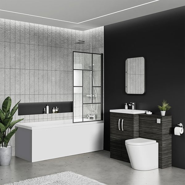 Venice Abstract Matt Black Grid Bath Screen with Square Single Ended Bath - Image 4
