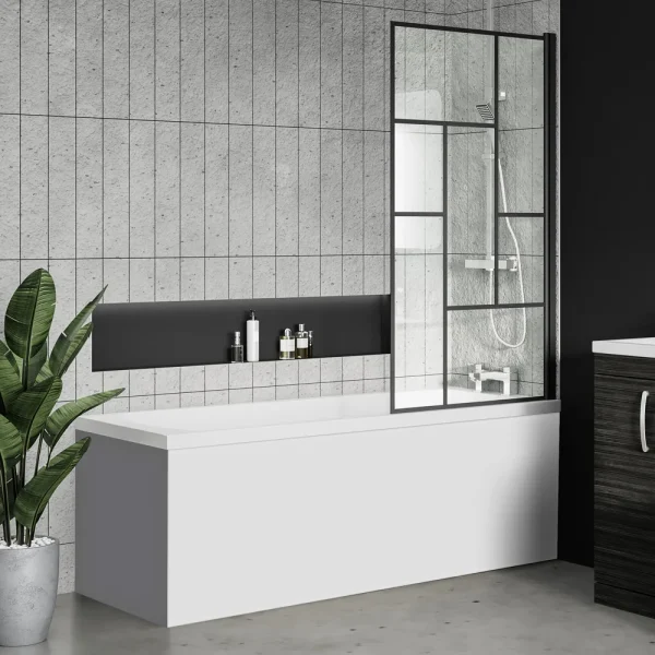 Venice Abstract Matt Black Grid Bath Screen with Square Single Ended Bath