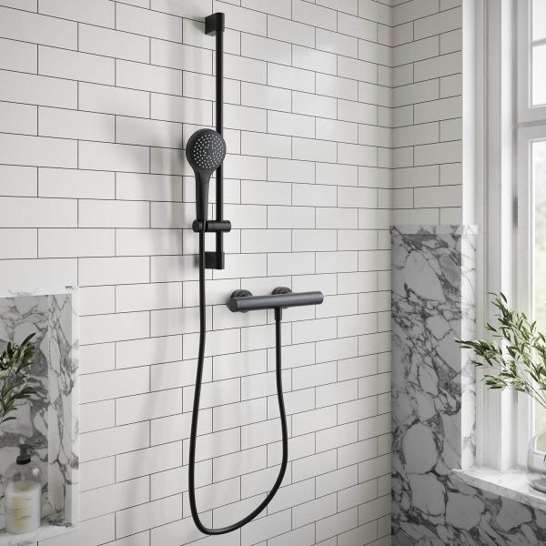 Villeroy & Boch Matt Black Round Exposed Thermostatic Shower Mixer Set