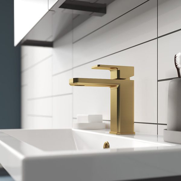 Venice Cubo Brushed Brass Mono Basin Mixer with Push Button Waste - Image 2
