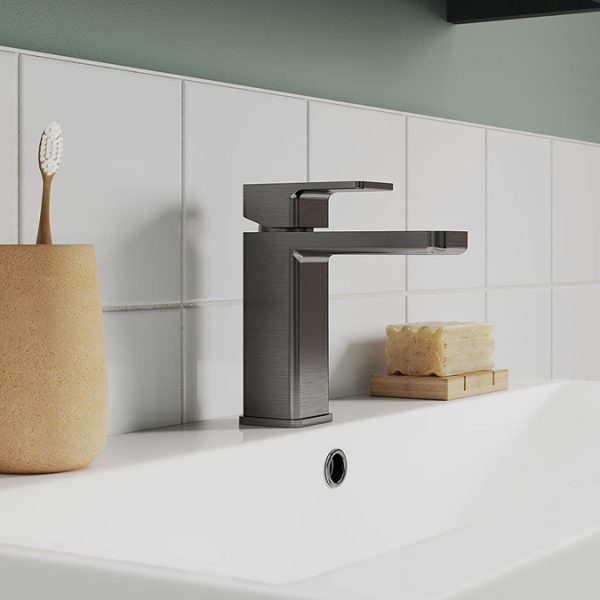 Venice Cubo Gunmetal Grey Mono Basin Mixer with Push Button Waste - Image 2