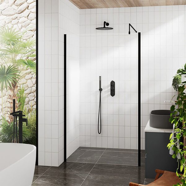 Venice Matt Black Outer Framed 8mm Wetroom Screen with Support Arm (1950mm High) - Image 4