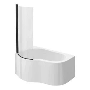 Venice Curved Corner Shower Bath   1500mm with Matt Black Screen + Panel