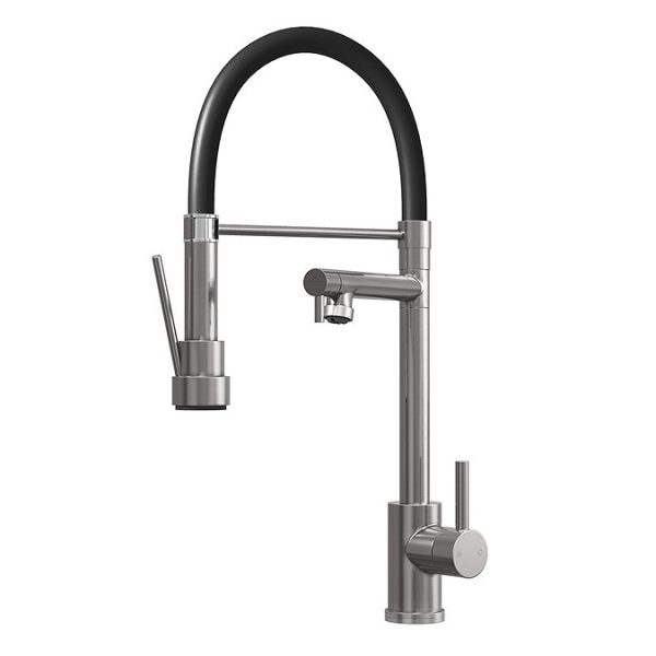 Venice Brushed Steel Kitchen Sink Mixer with Smooth Rubber Hose and Flexi Spray - Image 2