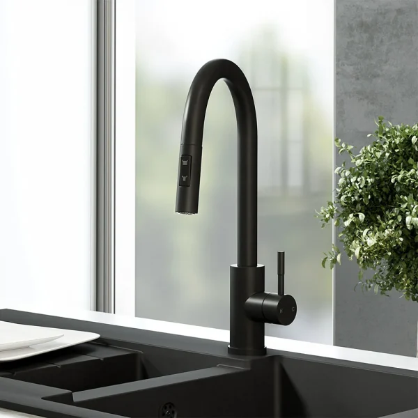 Venice Matt Black Kitchen Sink Mixer with Pull Out Hose and Spray Head
