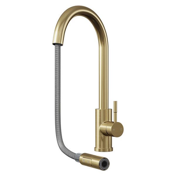 Venice Brushed Brass Kitchen Sink Mixer with Pull Out Hose and Spray Head - Image 3