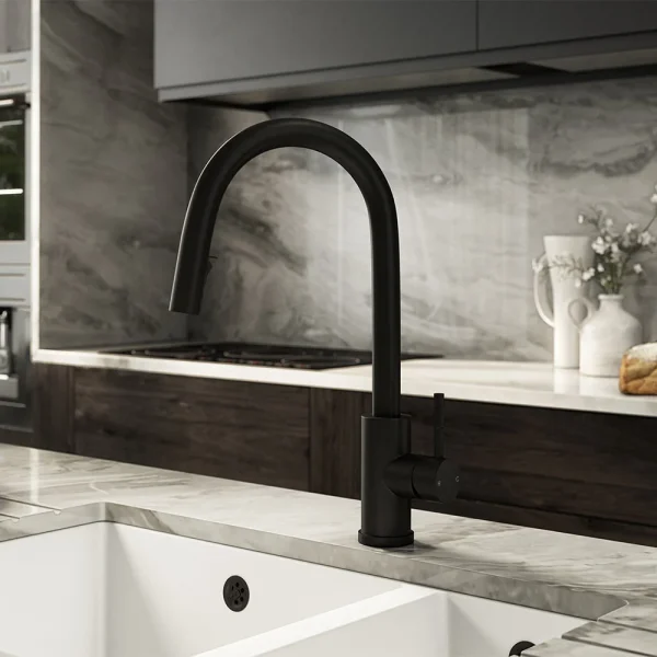 Venice Matt Black Kitchen Sink Mixer with Concealed Pull Out Hose and Spray Head