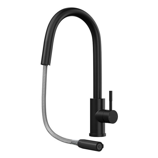 Venice Matt Black Kitchen Sink Mixer with Concealed Pull Out Hose and Spray Head - Image 2