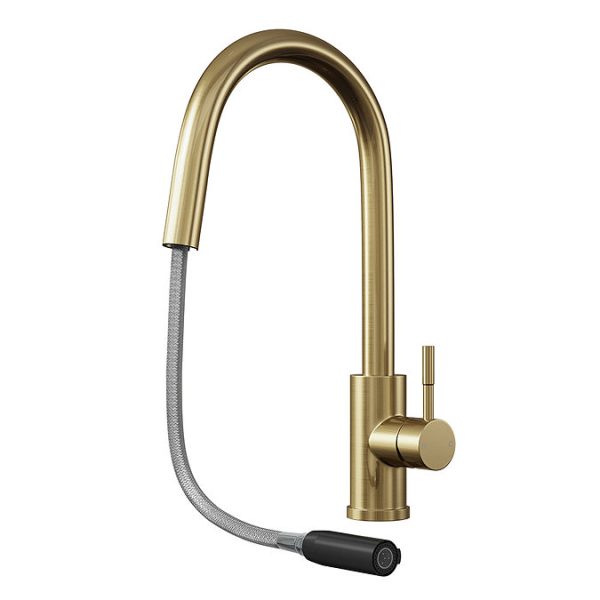 Venice Brushed Brass Kitchen Sink Mixer with Concealed Pull Out Hose and Spray Head - Image 3