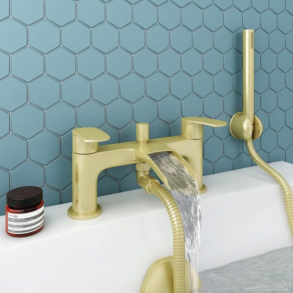 Valencia Brushed Brass Waterfall Bath Shower Mixer incl. Shower Kit - Image 3