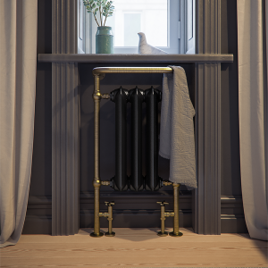 Terma Cast Iron Plain Towel Rail   Flat Black and Brushed Brass Surround 900 x 490mm