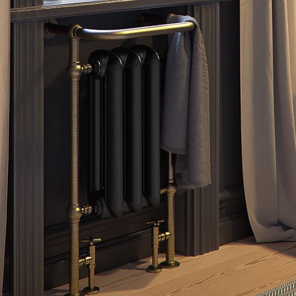 Terma Cast Iron Plain Towel Rail   Flat Black and Brushed Brass Surround 900 x 490mm - Image 3