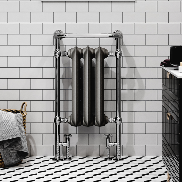 Terma Cast Iron Plain Towel Rail   Raw Metal and Chrome Surround 900 x 490mm