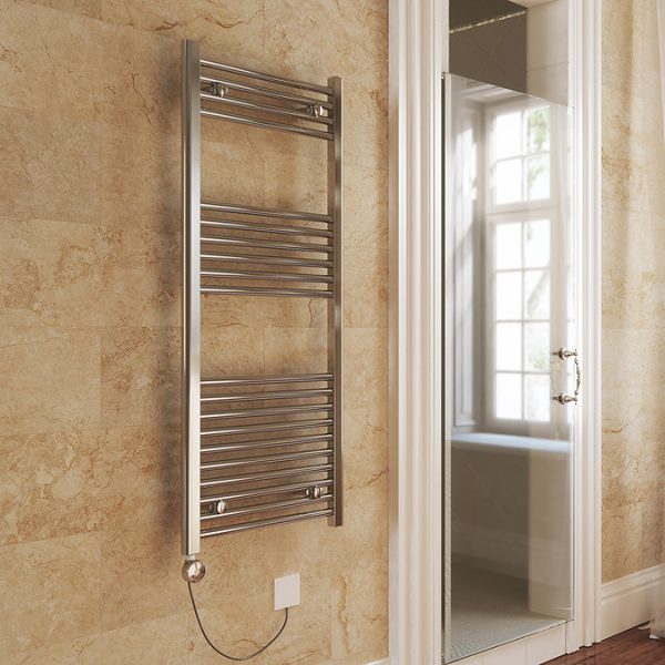 Terma Leo H1200 x W500mm Chrome Electric Only Towel Rail with MEG Thermostatic Element - Image 9