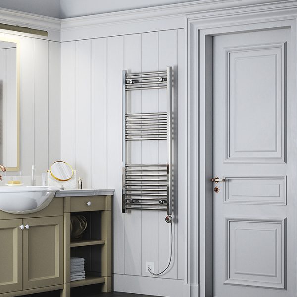 Terma Leo H1200 x W500mm Chrome Electric Only Towel Rail with MEG Thermostatic Element - Image 2