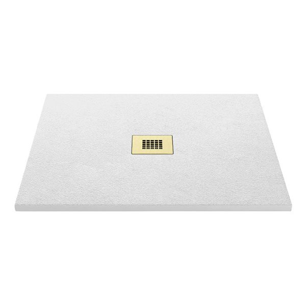 Imperia 800 x 800mm White Slate Effect Square Shower Tray + Brushed Brass Waste - Image 6